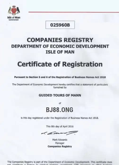 Giấy phép cá cược Isle of man BJ88